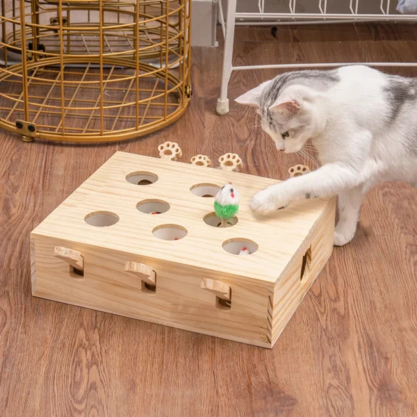 Interactive Solid Wood Whack-a-Mole Cat Toy with Natural Wood Finish