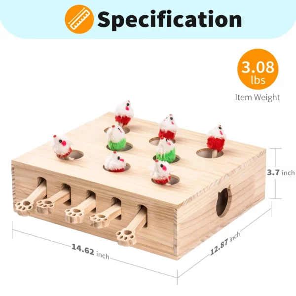 Interactive Solid Wood Whack-a-Mole Cat Toy with Natural Wood Finish