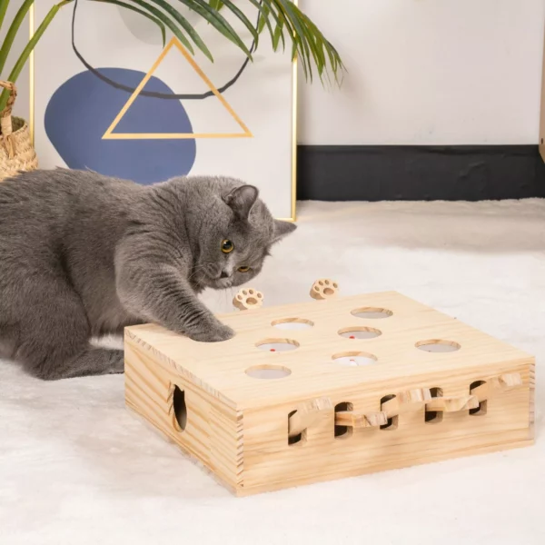 Interactive Solid Wood Whack-a-Mole Cat Toy with Natural Wood Finish - Image 5