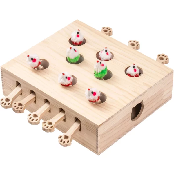 Interactive Solid Wood Whack-a-Mole Cat Toy with Natural Wood Finish - Image 2