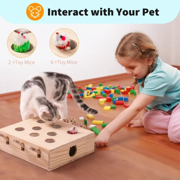 Interactive Solid Wood Whack-a-Mole Cat Toy with Natural Wood Finish