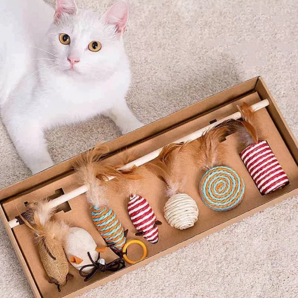 Natural Wood & Feather Cat Toy Set (7 Pieces)