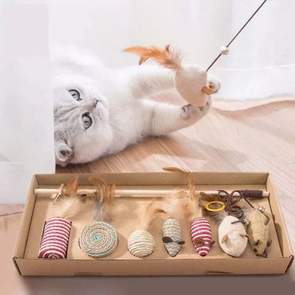 Natural Wood & Feather Cat Toy Set (7 Pieces)