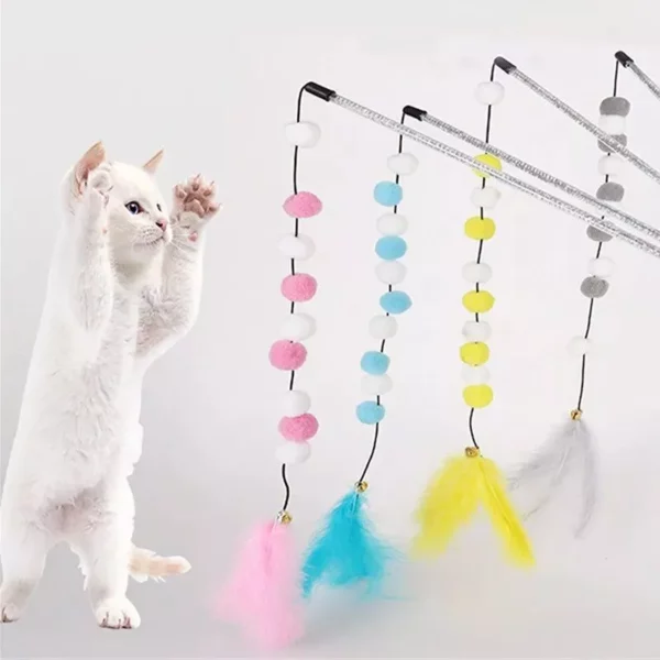 Colorful Feather Pompon Cat Teaser – Interactive Kitten Play Wand