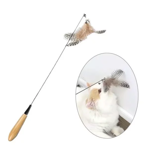 Deluxe Wood Handle Feather Cat Teaser – Springy Interactive Cat Toy