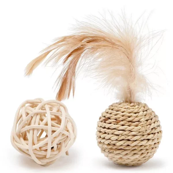 Handcrafted Rattan Ball and Feather Cat Toys – 2 Piece Set with Bell for Interactive Play