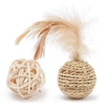 Handcrafted Rattan Ball and Feather Cat Toys - 2 Piece Set with Bell for Interactive Play