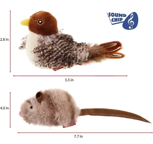 Interactive Cat Toy Set: Chirping Bird & Squeaking Mouse with Realistic Sounds and Feather Design