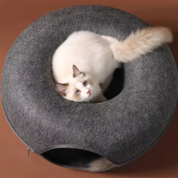 Multi-Functional Donut Cat Bed & Interactive Tunnel – Cozy Felt Indoor Pet Playhouse