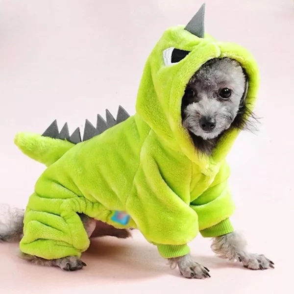 Charming Dinosaur-Themed Fleece Jumpsuit for Dogs, Warm Winter Apparel for Small Breeds