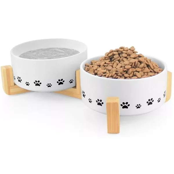 Elevated Ceramic Pet Bowls with Anti-Slip Wooden Stand