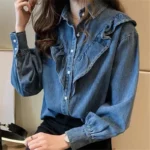 Elegant Ruffle Denim Blouse - Casual Princess Sleeve Jean Shirt for Women